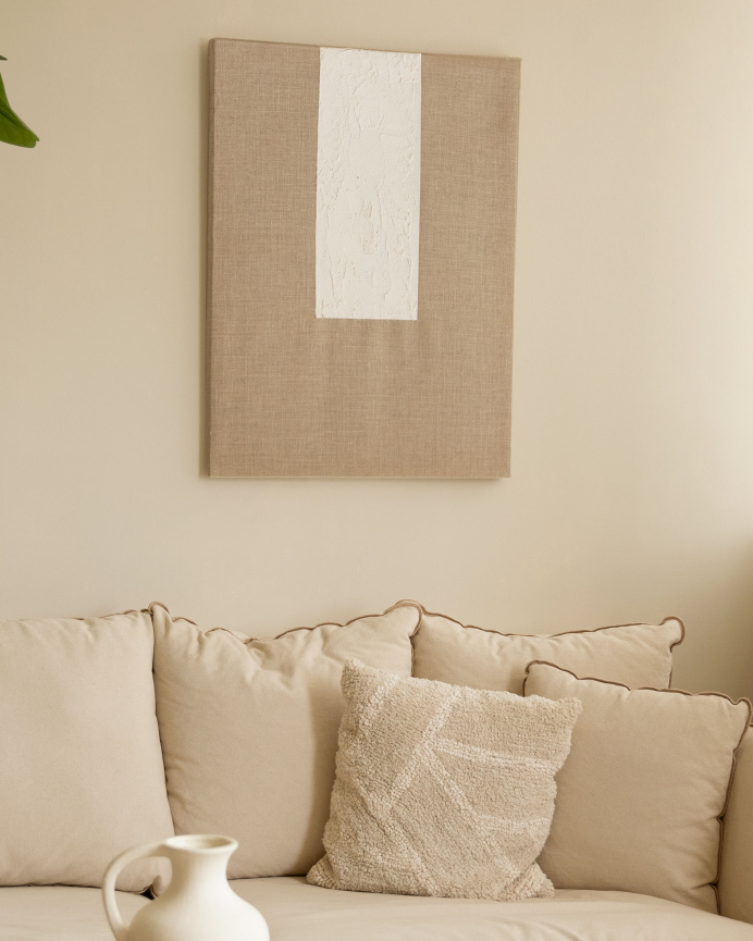 Cuadro beige y blanco decorativo sobre lino con bastidor de madera pintado artesanalmente con pintura al óleo en varias medidas