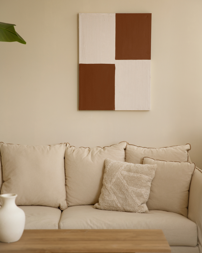 Cuadro teja y blanco decorativo sobre algodón con bastidor de madera pintado artesanalmente con pintura óleo en varias medidas