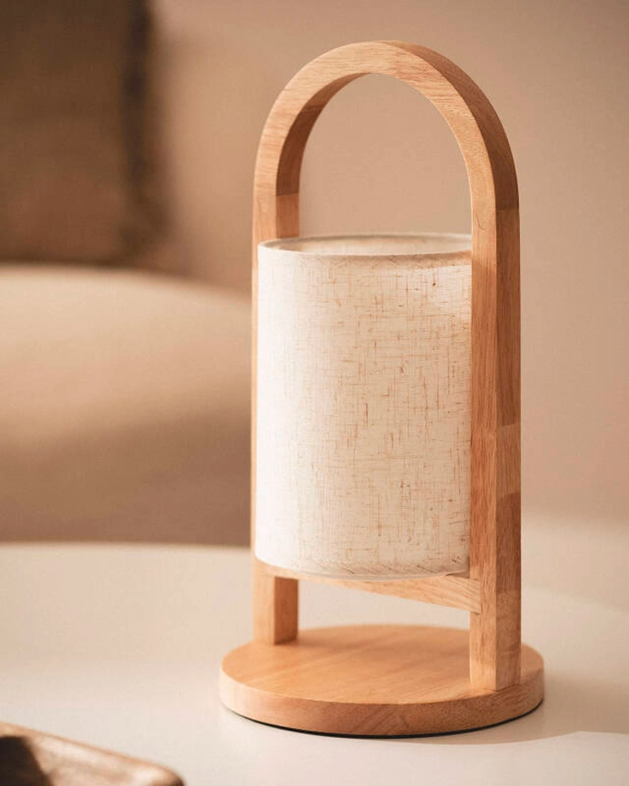 Lámpara de mesa de madera y tela color natural de 30cm