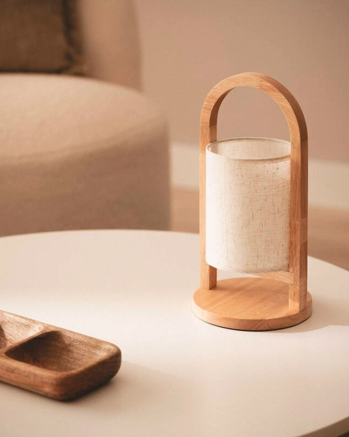 Lámpara de mesa de madera y tela color natural de 30cm