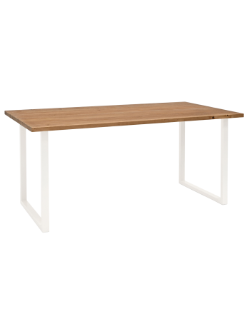Table à manger en bois massif ton chêne foncé avec pieds en fer blanc de différentes tailles