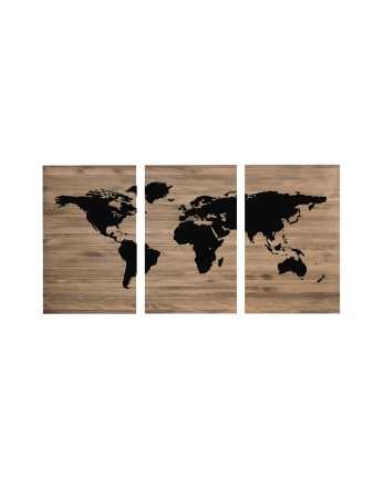 Tête de lit triptyque en bois massif avec imprimée motif 'Black World Map' en ton chêne foncé, différentes tailles