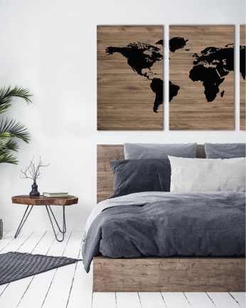 Tête de lit triptyque en bois massif avec imprimée motif 'Black World Map' en ton chêne foncé, différentes tailles
