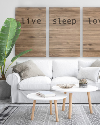 Tête de lit triptyque en bois massif avec imprimée motif Live love sleep en chêne foncé de différentes tailles