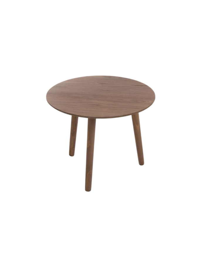 Table basse en bois ton foncé de différentes tailles.