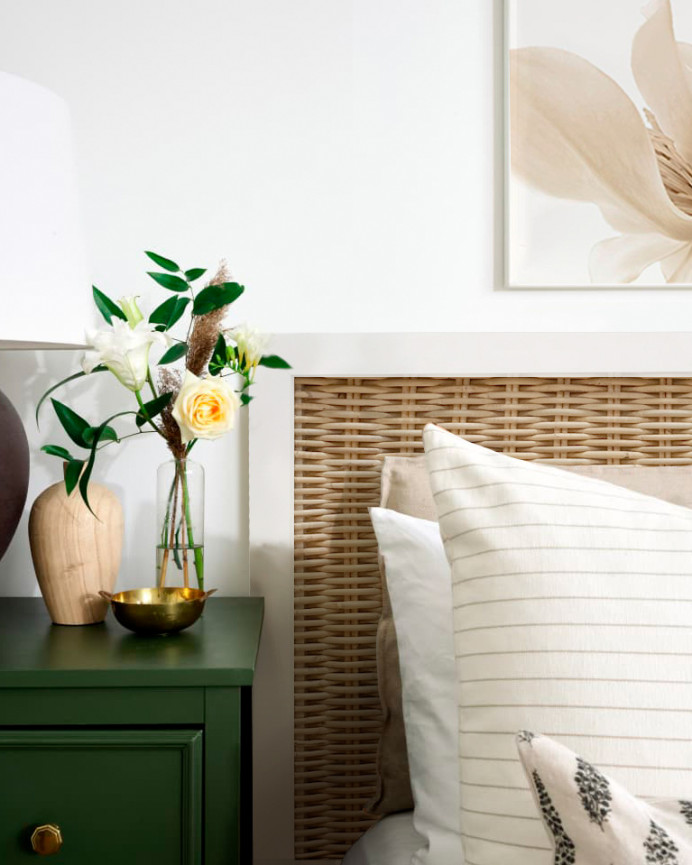 Tête de lit en bois de bambou naturel tissé à la main en blanc mat 160x80cm.