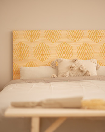 Tête de lit en bois massif imprimée du motif Hexagonal Leaves II ton naturel de différentes tailles