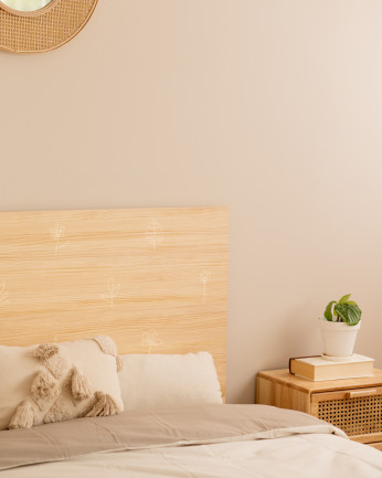 Tête de lit en bois massif imprimée d'un motif de fleurs à une ligne ton naturel de différentes tailles