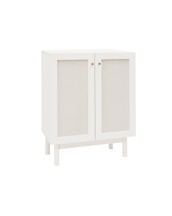 Buffet en bois massif et toile de lin avec 2 portes en blanc 100x80cm