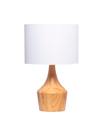 Lampe de table composée d'une base en bois et d'un abat-jour en textile blanc.