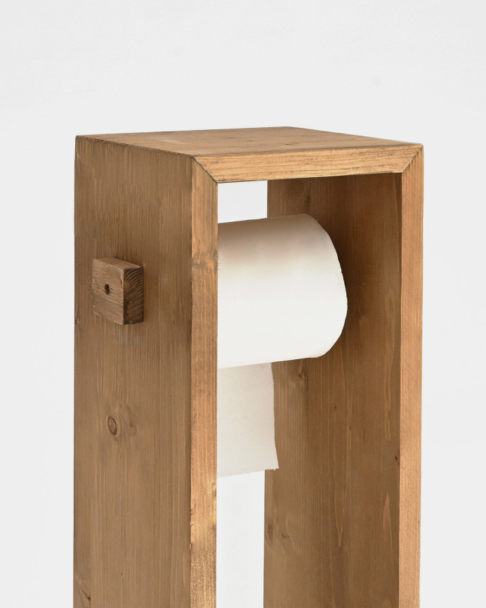Porte-rouleau de papier toilette sur pied en bois massif ton chêne foncé 70x17cm