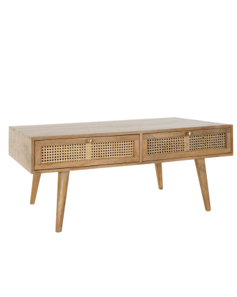 Table basse en bois de manguier avec quatre tiroirs en grille cannage et poignées en métal doré ton naturel, 46x115cm