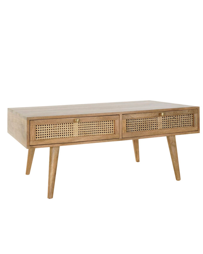 Table basse en bois de manguier avec quatre tiroirs en grille cannage et poignées en métal doré ton naturel, 46x115cm