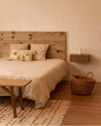 Pack tête de lit et tables flottantes en bois massif ton chêne foncé de différentes tailles