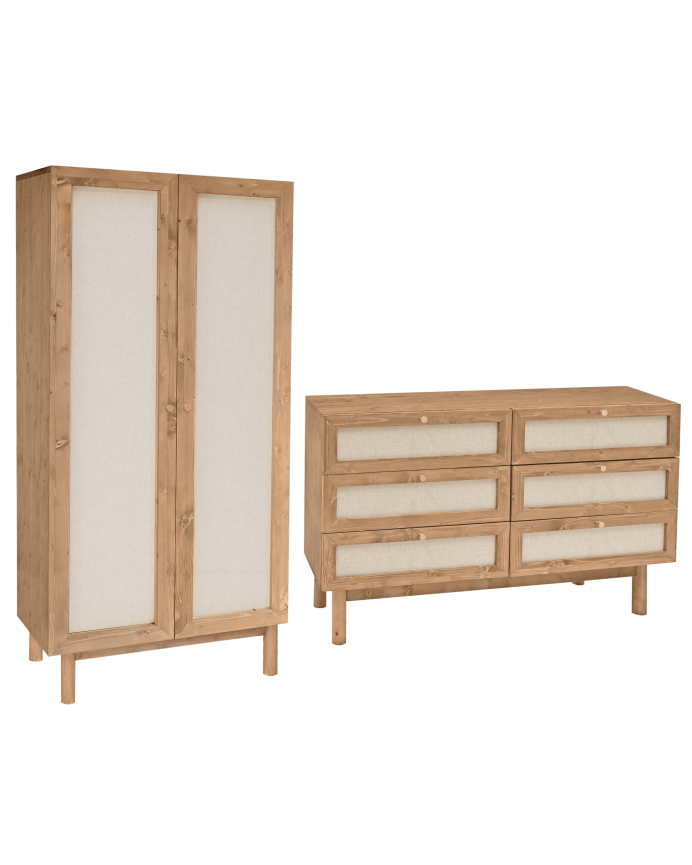 Ensemble armoire et commode avec 6 tiroirs en bois massif et lin ton chêne foncé