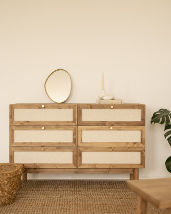 Ensemble armoire et commode avec 6 tiroirs en bois massif et lin ton chêne foncé