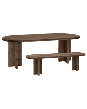 Pack table à manger ovale et banc en bois massif ton noyer de différentes tailles