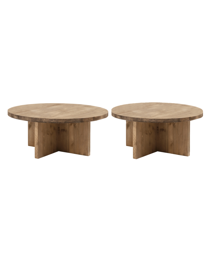 Pack de 2 tables basses rondes en bois massif ton chêne foncé 80x80cm