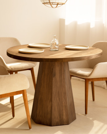 Table à manger ronde en bois massif ton chêne foncé Ø115
