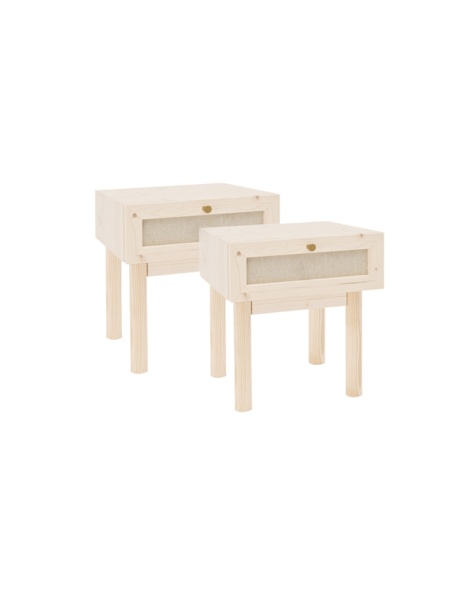 Pack 2 tables avec tiroir en bois massif et lin ton naturel 45x40cm