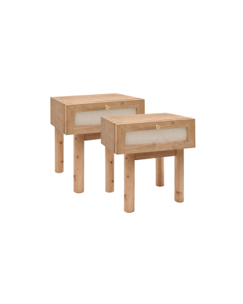 Pack 2 tables basses avec tiroir en bois massif et lin ton chêne foncé 45x40cm
