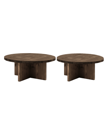 Pack de 2 tables basses rondes en bois massif ton noyer 80x80cm