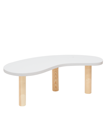 Table basse en bois massif avec plateau en teinte blanche et pieds en teinte naturelle de différentes tailles.