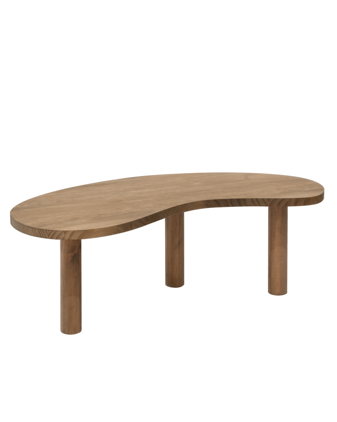 Table basse en bois massif aux formes organiques en teinte chêne foncé de différentes tailles.