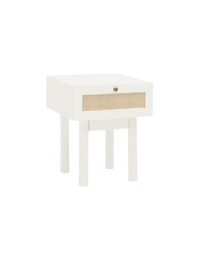 Table de chevet en bois massif et raphia avec un tiroir blanc 40x45cm