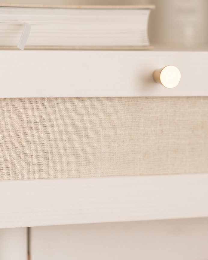 Chevet en bois massif et lin avec un tiroir en blanc de 40x45cm