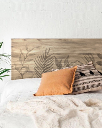 Tête de lit en bois massif imprimée d'un motif de fleurs à l'aquarelle dans un ton chêne foncé de différentes tailles