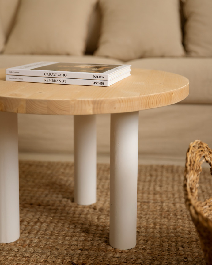 Table basse ronde en bois massif avec plateau en teinte chêne moyen et pieds en teinte blanche de 40x60cm.