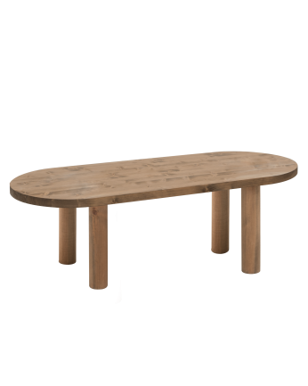 Table basse ovale en bois massif en teinte chêne foncé de 40x120cm.
