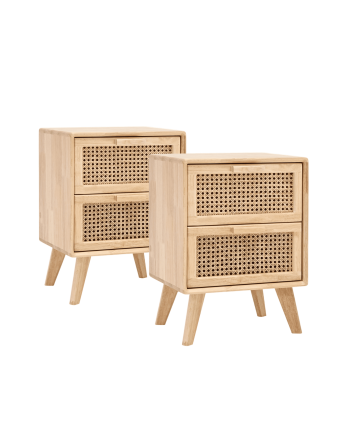 Pack 2 tables d'appoint en bois d'hévéa avec deux tiroirs et façade réalisée avec une grille cannage 54x40cm