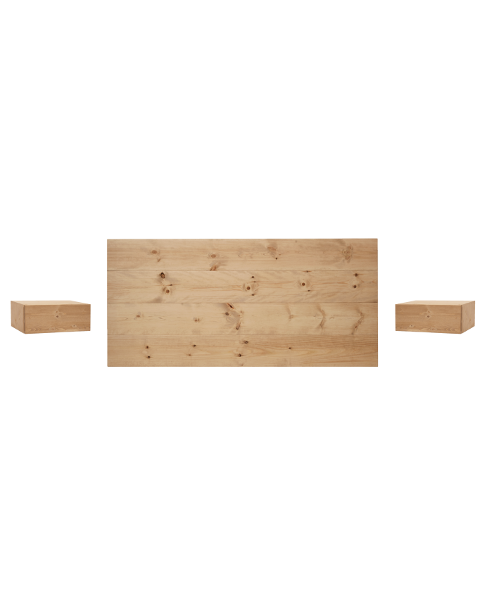 Pack tête de lit et tables flottantes en bois massif ton chêne moyen de différentes tailles