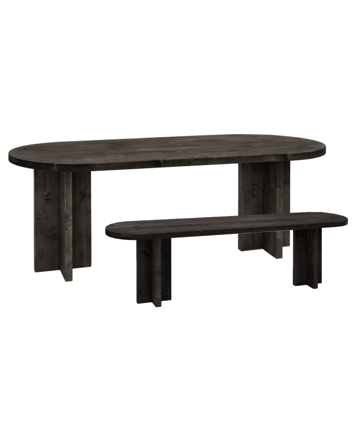 Pack table à manger ovale et banc en bois massif ton noir de différentes tailles