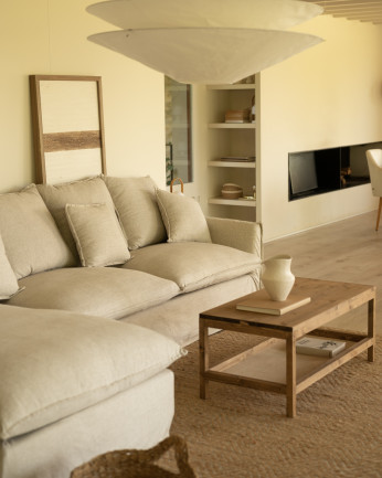 Canapé d'angle en coton et lin déhoussable couleur beige en plusieurs dimensions.