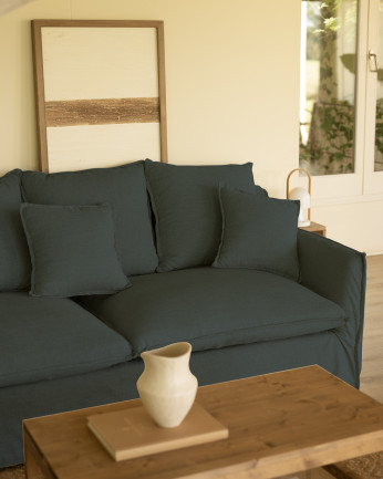 Canapé d'angle en coton et lin déhoussable couleur bleue en plusieurs dimensions.