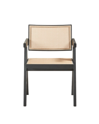 Chaise en bois massif avec dossier et assise en cannage noir de 80 cm