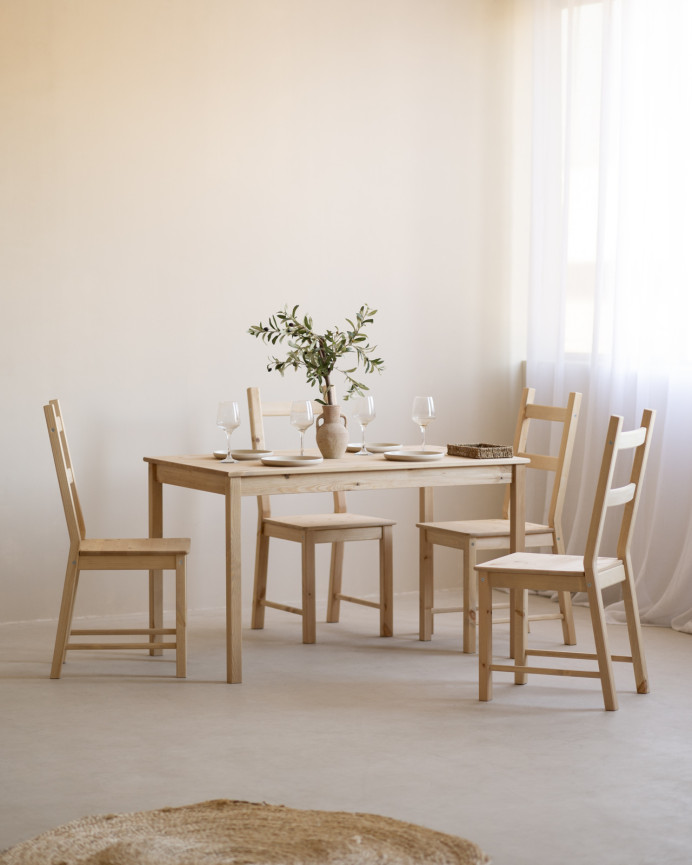 Pack table à manger et 4 chaises en bois massif teinte chêne moyen de 120 cm
