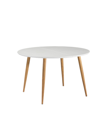 Table de salle à manger à rallonge en bois laqué blanc et pieds en métal, 120-160cm Ø