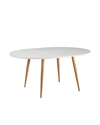 Table de salle à manger à rallonge en bois laqué blanc et pieds en métal, 120-160cm Ø