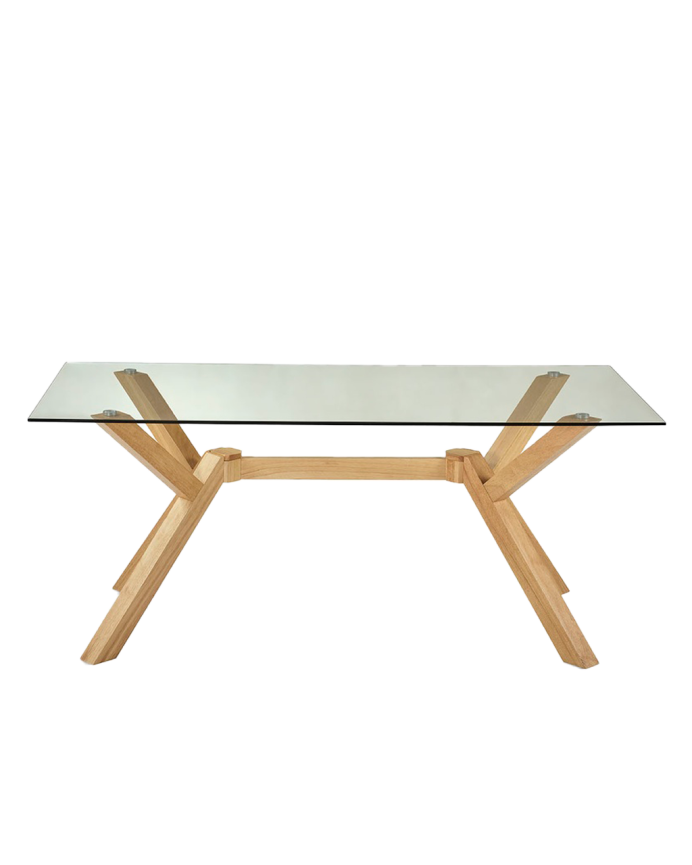 Table à manger en verre trempé et pieds en bois de 180 cm