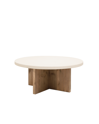 Table basse ronde en microciment de couleur blanc cassé avec des pieds en bois de chêne foncé en différentes tailles