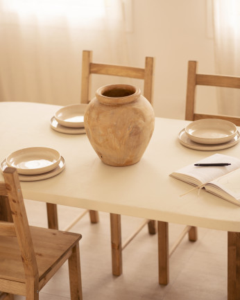 Table de salle à manger ovale en microciment blanc cassé avec pieds en chêne foncé en différentes tailles