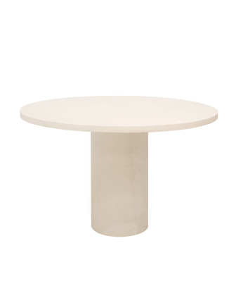 Table de salle à manger ronde en microciment de teinte blanc cassé disponible en différentes tailles