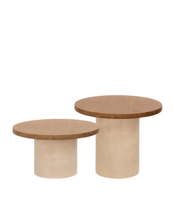 Table basse ronde en bois massif teinte chêne foncé avec pieds en microciment teinte terre disponible en différentes dimensions