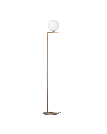 Lampadaire composé d'une structure en aluminium doré et d'une sphère en verre translucide.