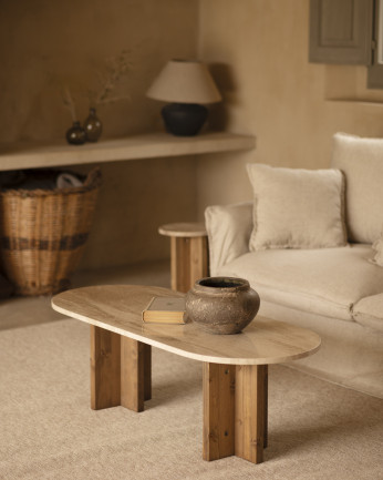 Table basse en marbre daino reale avec pieds en bois massif de 120x50cm