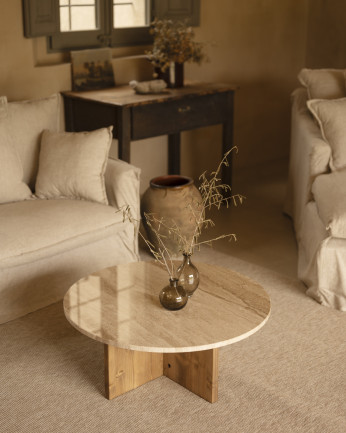 Table basse ronde en marbre daino reale avec pieds en bois massif disponibles en différentes dimensions.